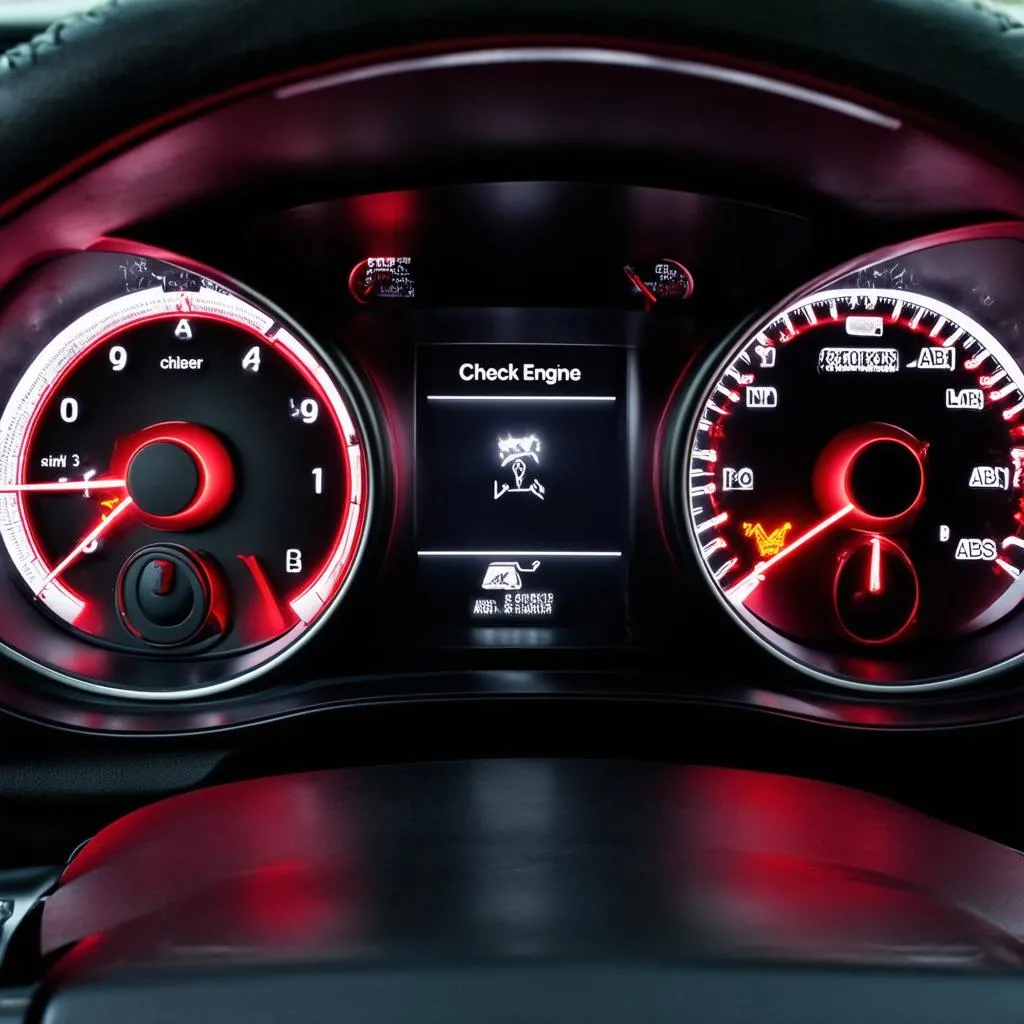 Car dashboard illuminated with warning lights