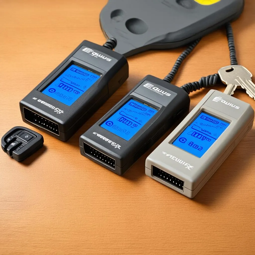 A variety of Equus OBD II code readers displayed on a table