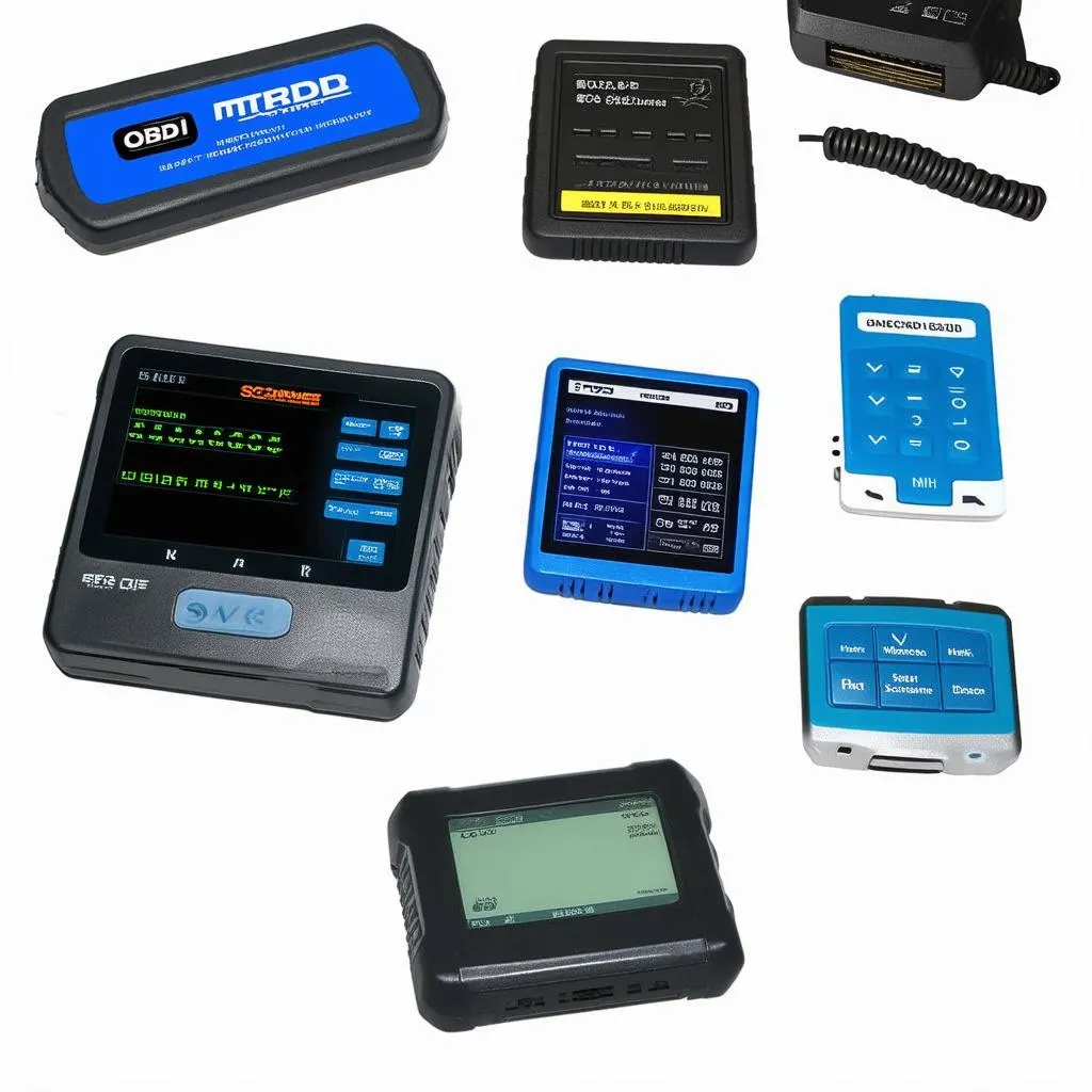 Various OBD-II scanners for car diagnostics.