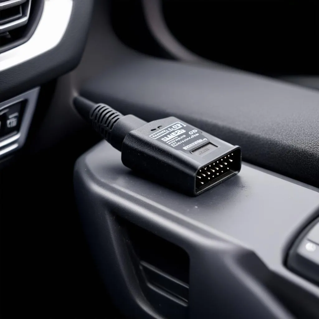 ELM327 adapter plugged into a car's OBD-II port