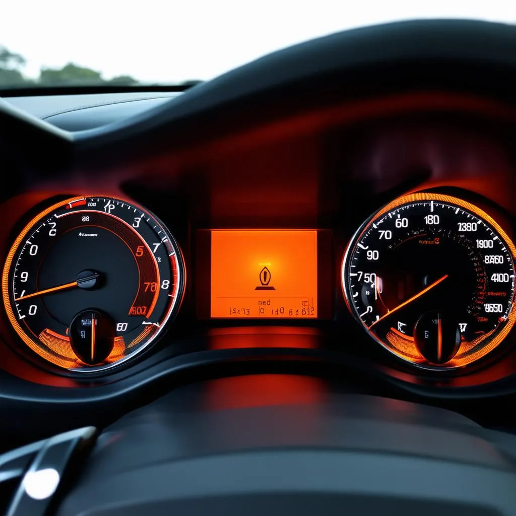 Car dashboard with engine warning light illuminated