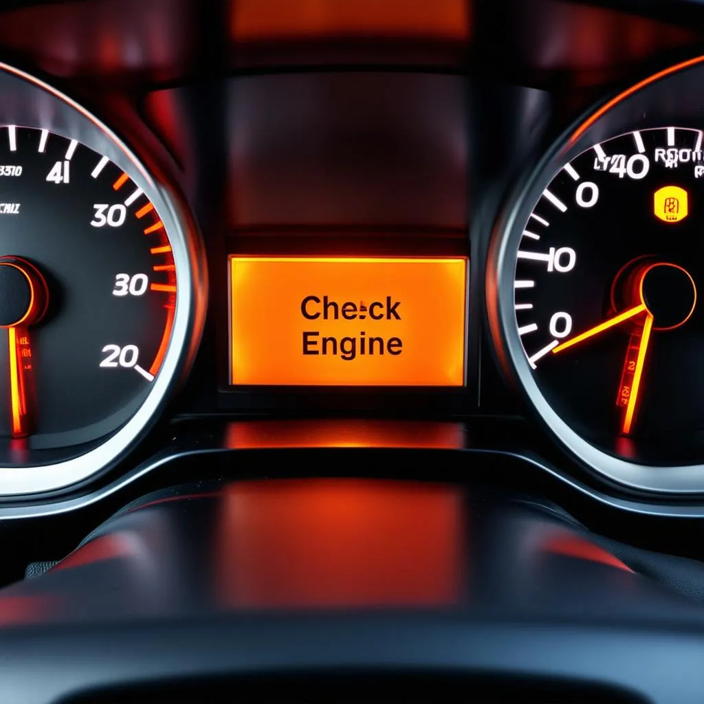 Car Dashboard with Illuminated Check Engine Light