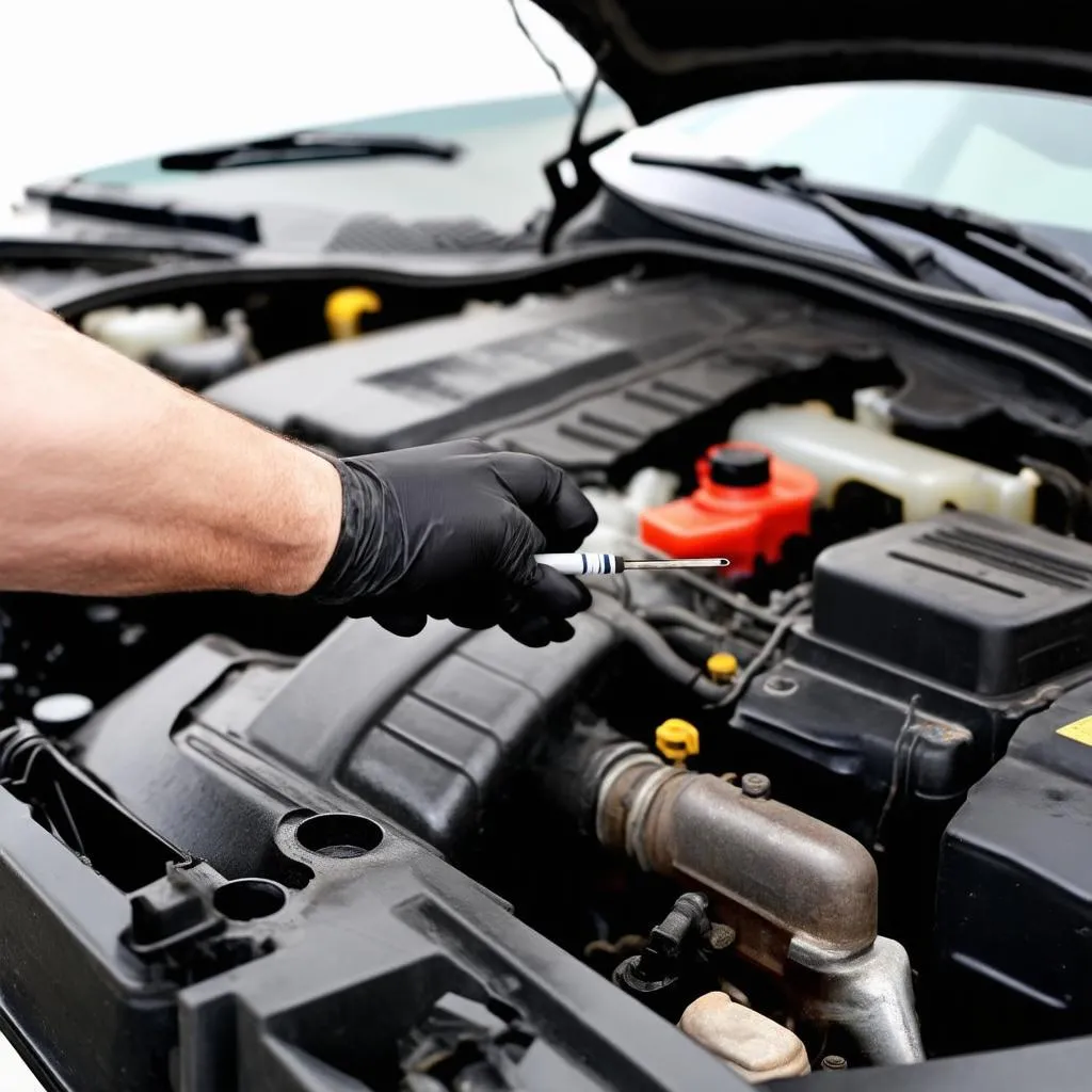 Close-up of an engine oil dipstick