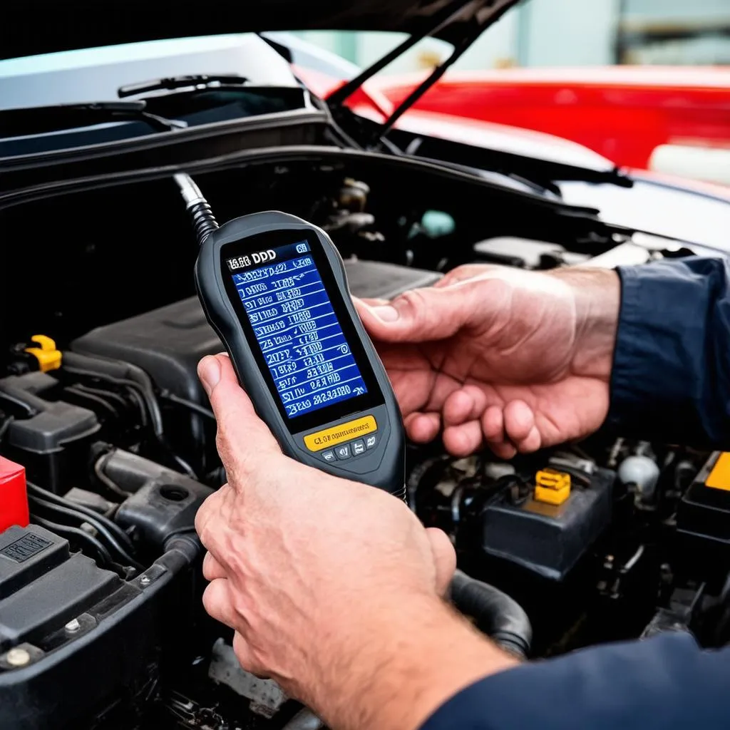 A mechanic using a smart OBD scanner to read and clear trouble codes from a car's engine control unit.