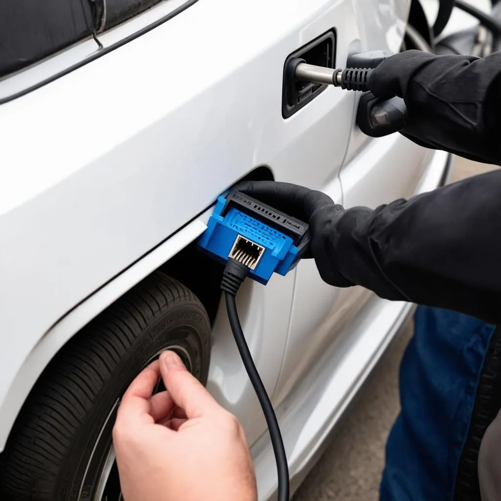 A close-up shot of a technician connecting an Ethernet to OBD cable to a car's OBD port