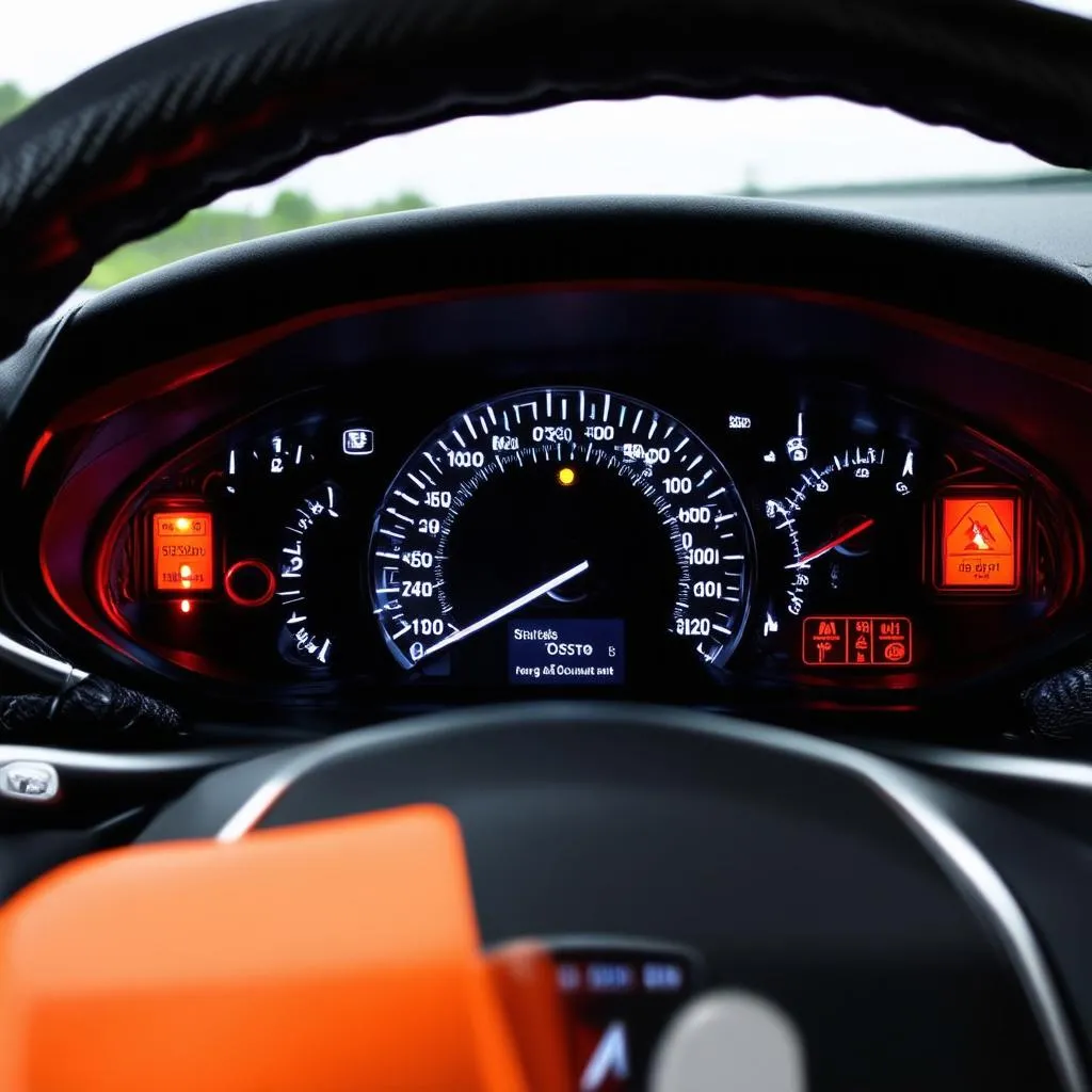 European car dashboard with warning lights