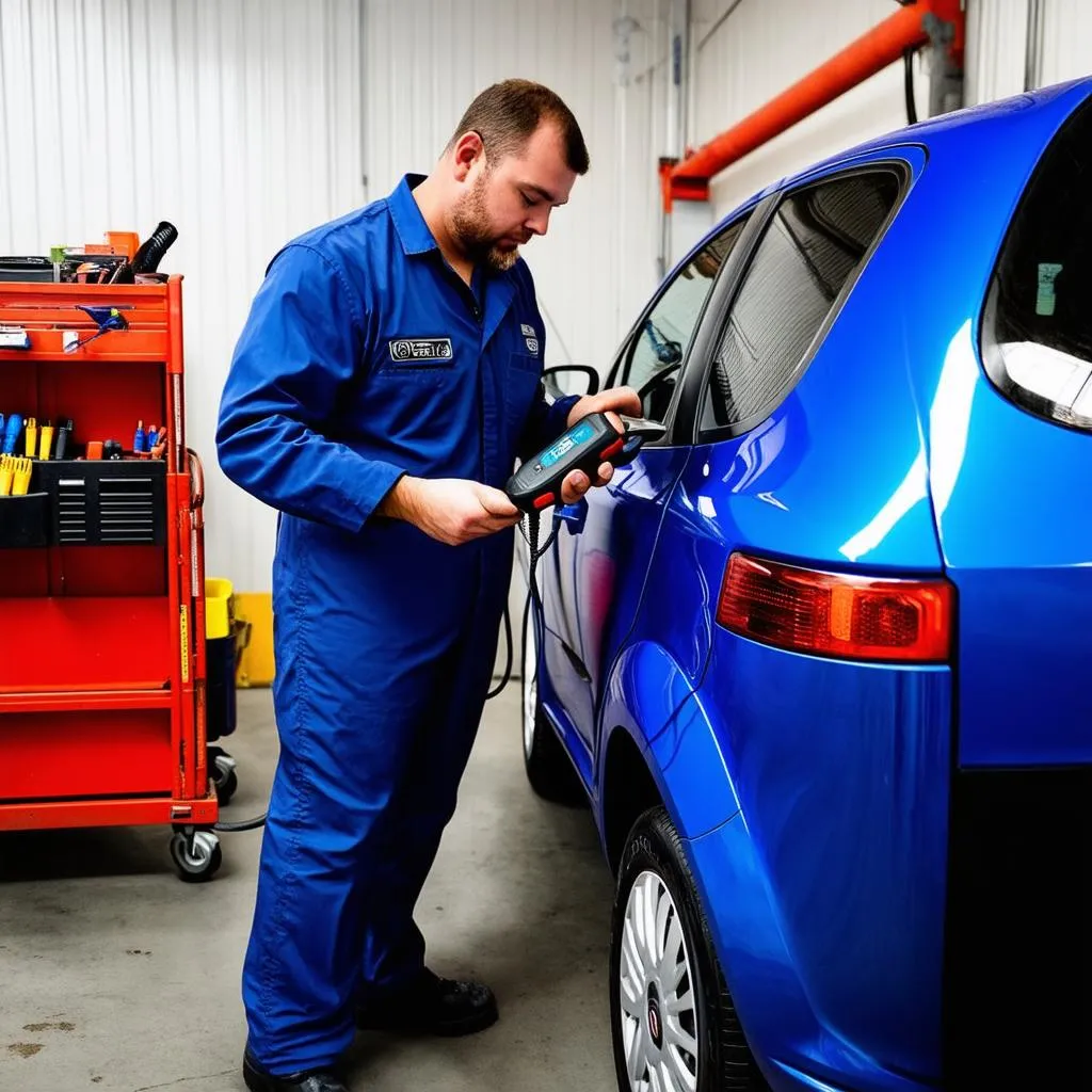 Skilled Mechanic Working on a Fiat Stilo