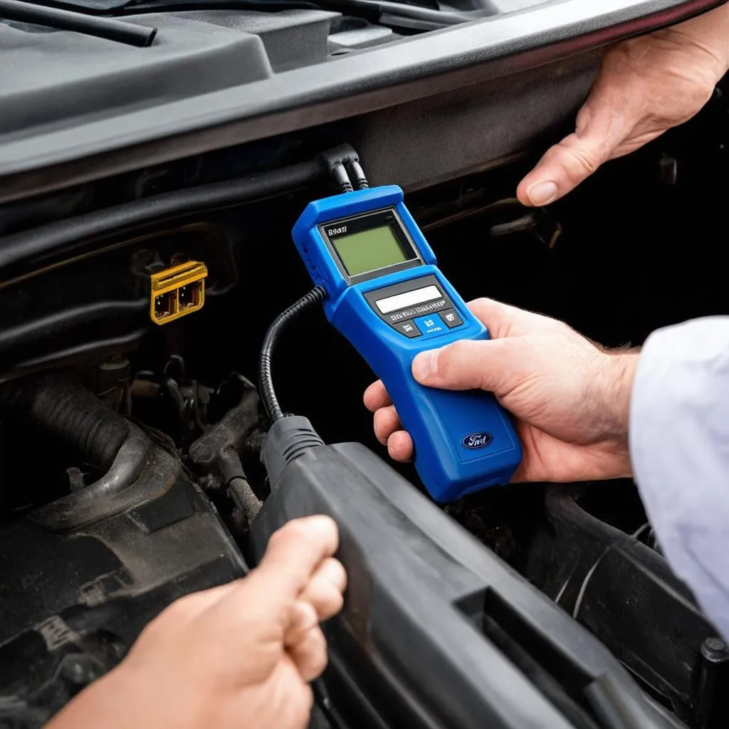 Mechanic using a diagnostic scanner