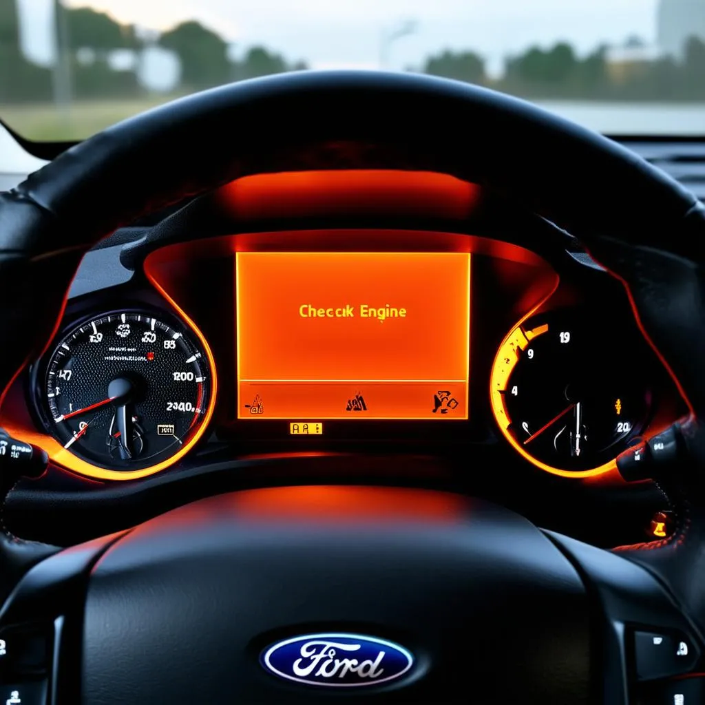  Close-up of Ford Focus ST dashboard with check engine light illuminated