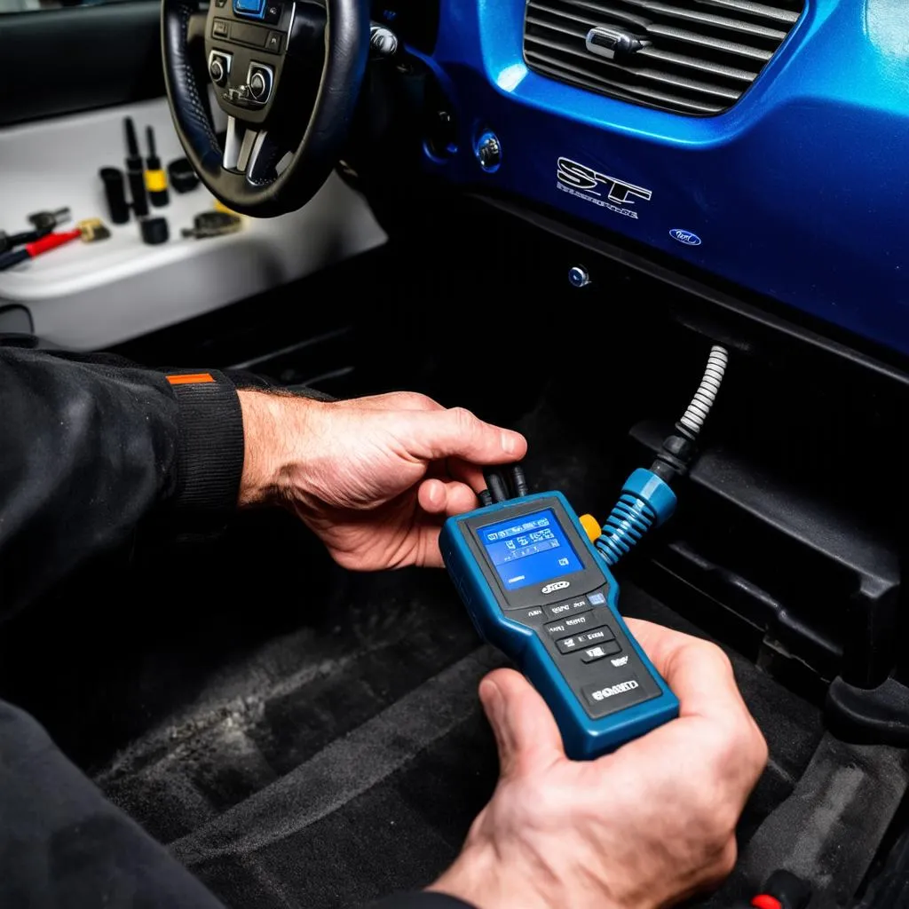 Mechanic connecting a diagnostic scanner to a Ford Focus ST's OBD port