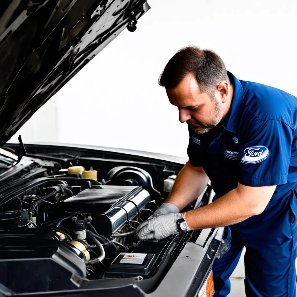 Ford Mechanic Working on Engine