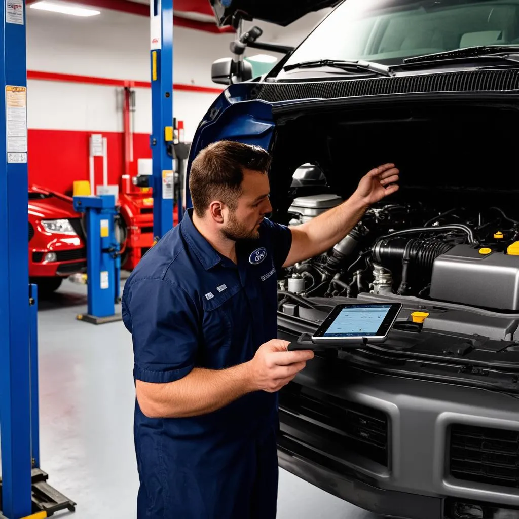 Ford Mechanic Examining Engine Bay