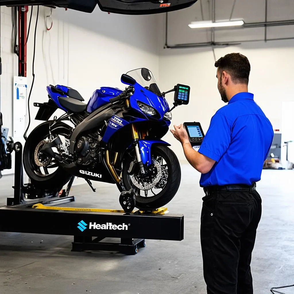 Mechanic using Healtech OBD tool on a Suzuki motorcycle