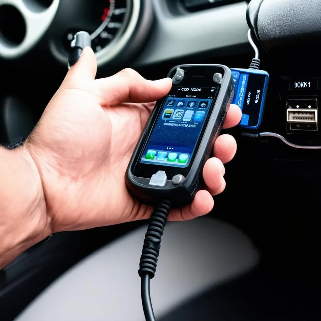 iOS OBD reader connected to car's OBD-II port