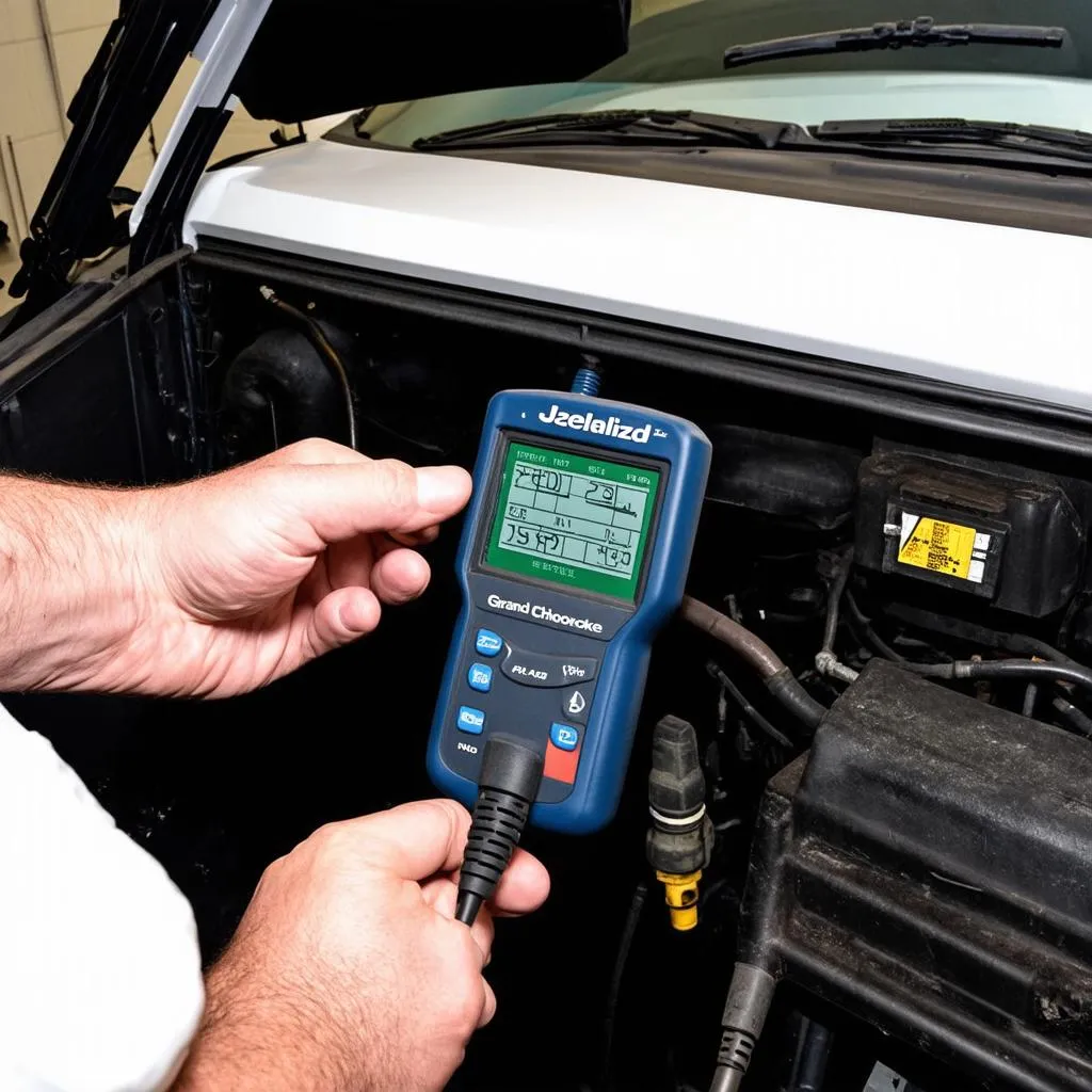 Mechanic Using an OBD-I Scanner on a 1994 Jeep Grand Cherokee