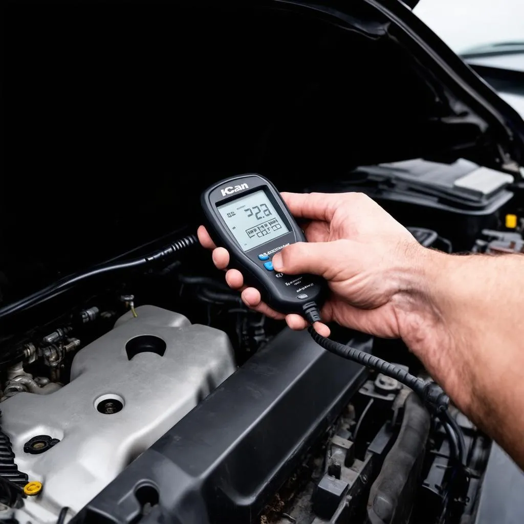 Mechanic using a K-Can OBD scanner on a European car