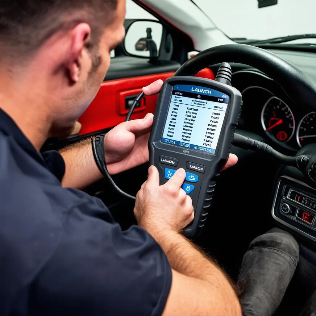 Mechanic using a Launch OBD scanner to diagnose a car problem