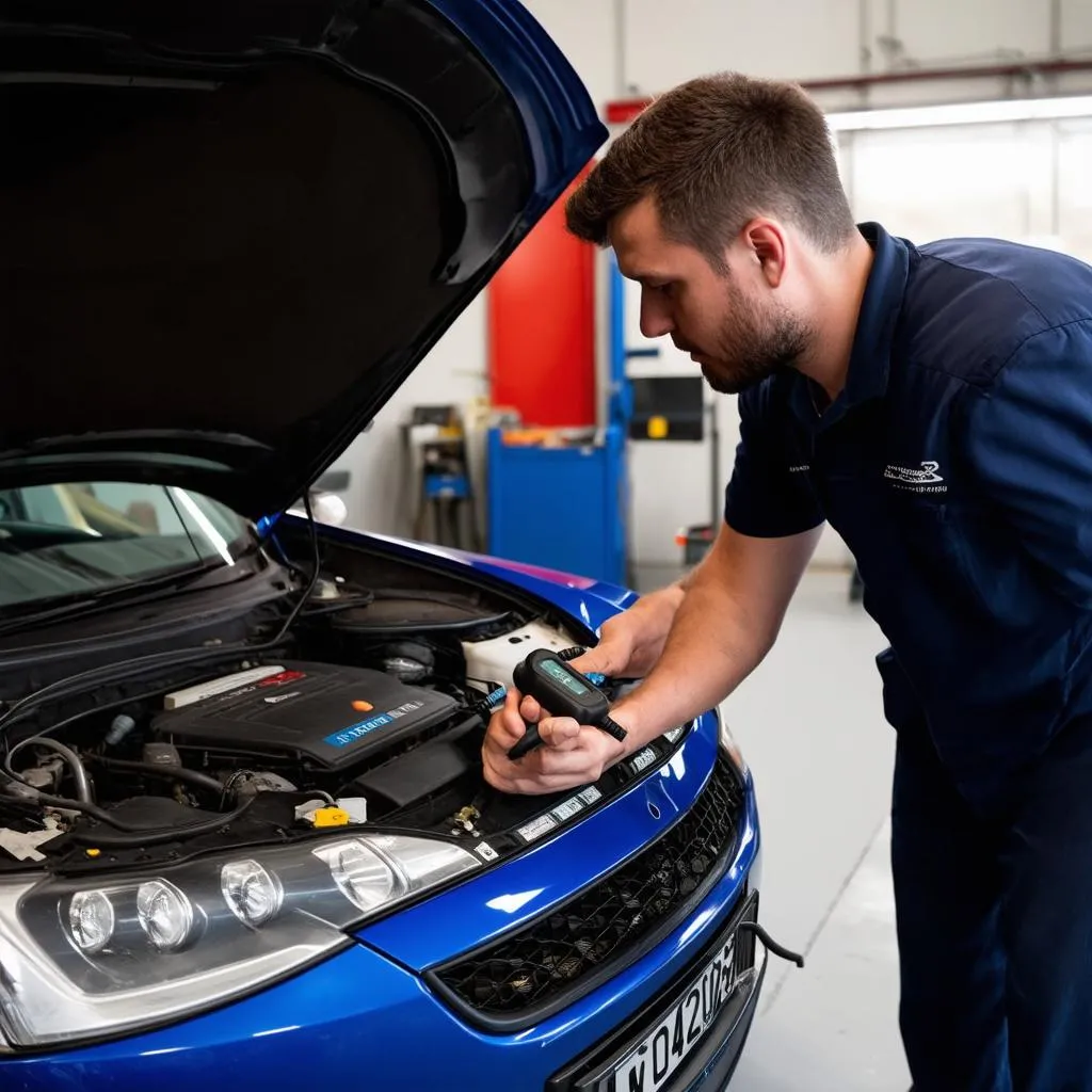 mechanic plugging in obd scanner