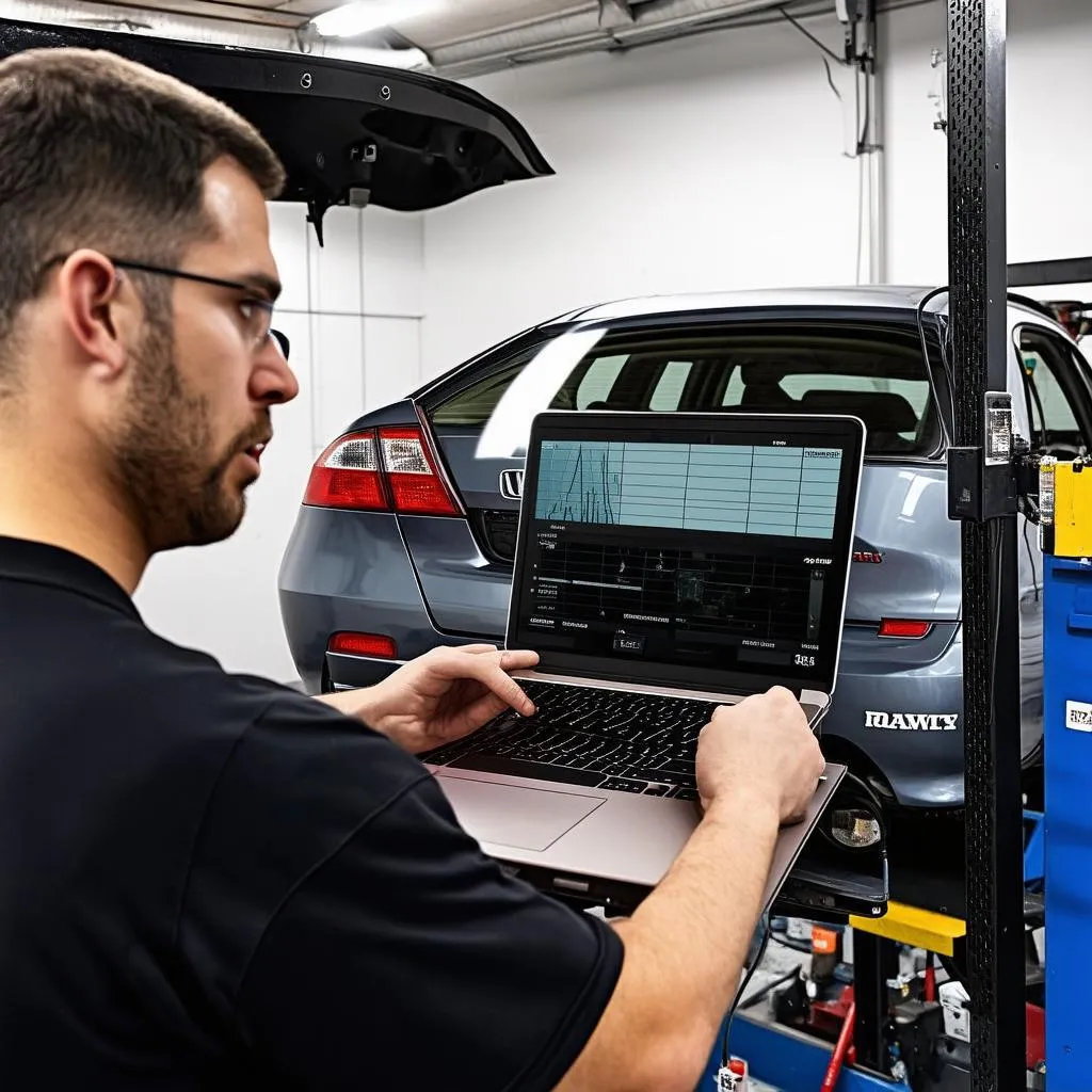 Mechanic analyzing data from a laptop