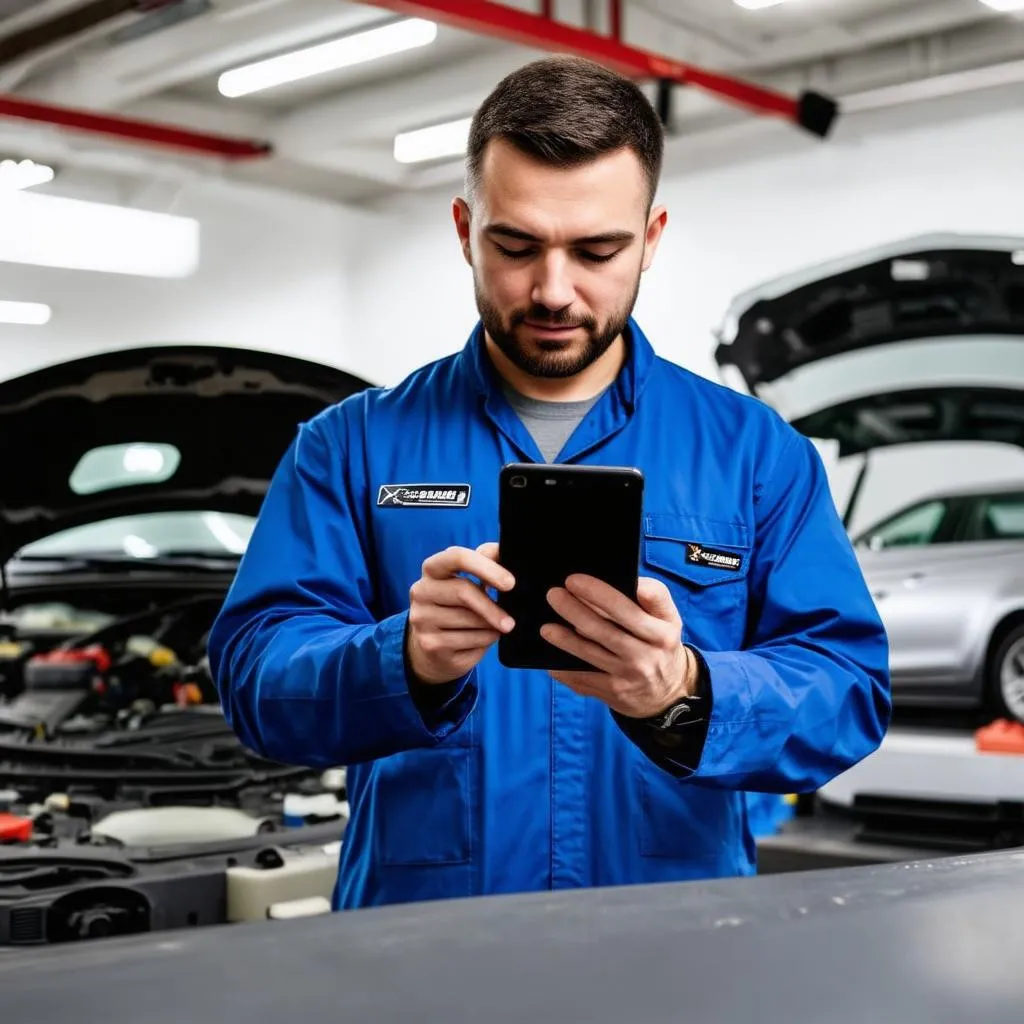 Mechanic using a phone app