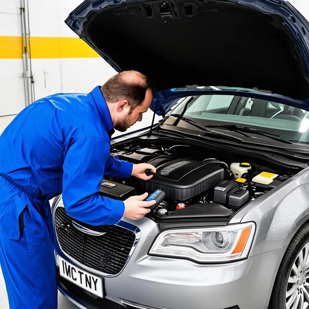 Mechanic inspecting a Chrysler 300C engine