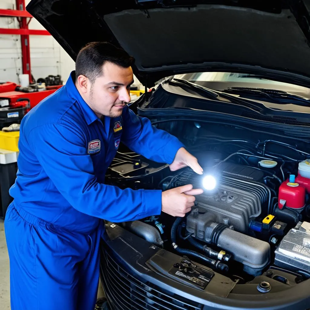 Mechanic inspecting a car engine with a flashlight