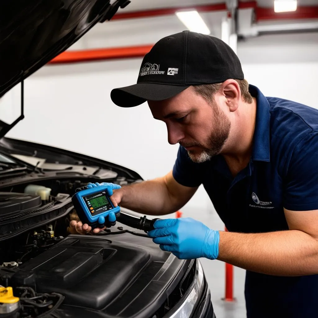 Mechanic checking car diagnostics