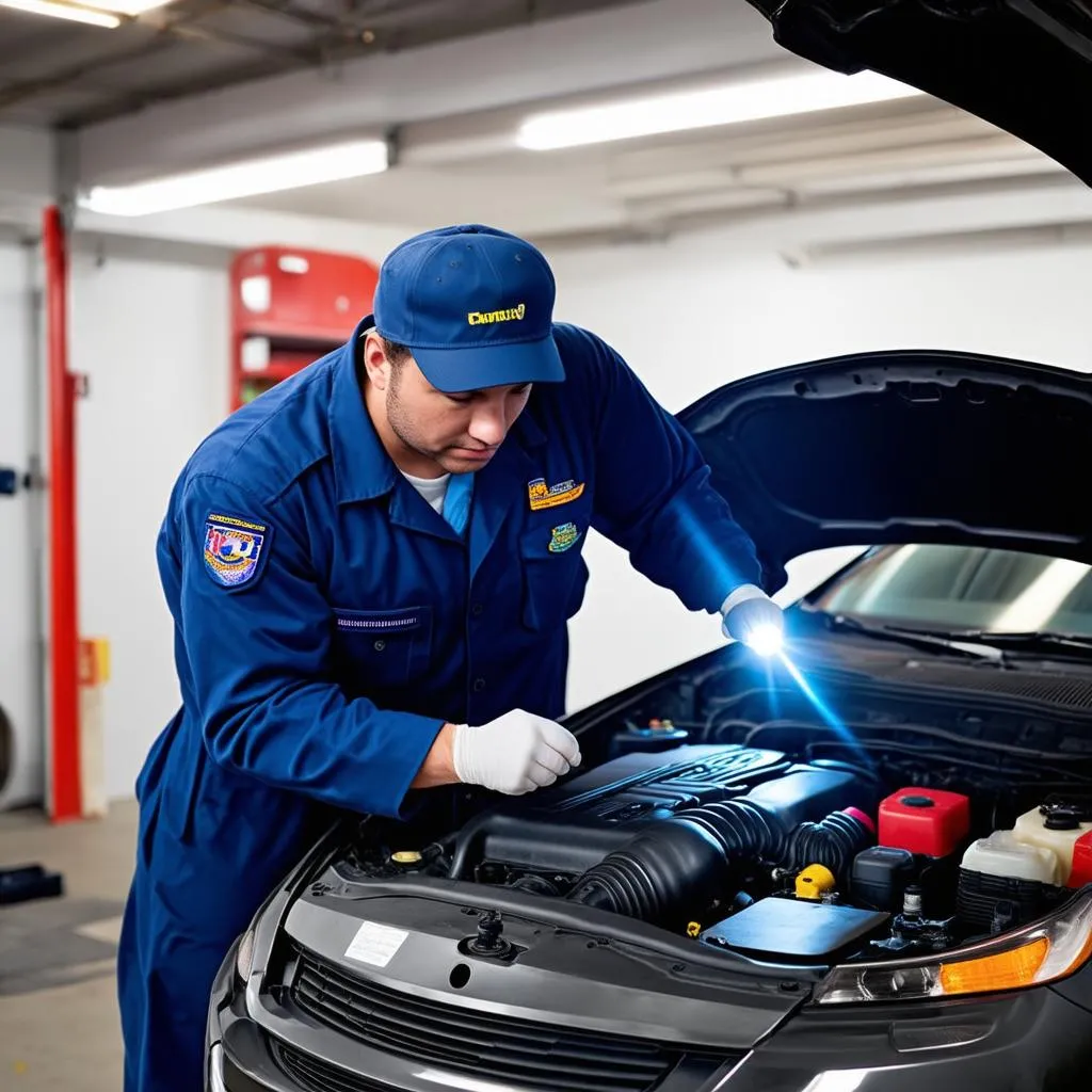 Mechanic inspecting car engine