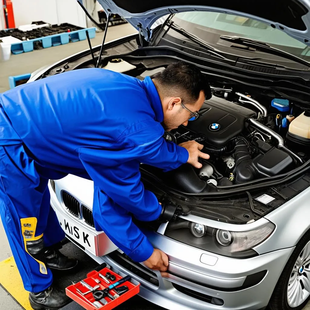 Car mechanic inspects a BMW E39 engine bay