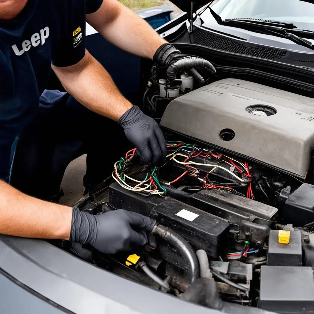 Mechanic Checking Jeep Wiring