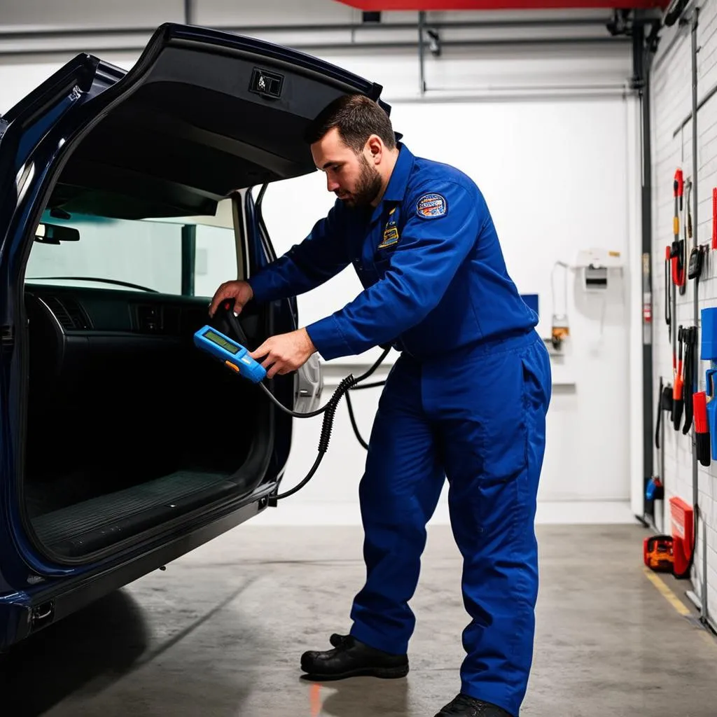 Mechanic diagnosing car problems using an OBD scanner connected to the OBD port of a car in a professional garage. The image should highlight the importance of seeking professional help for car troubles.