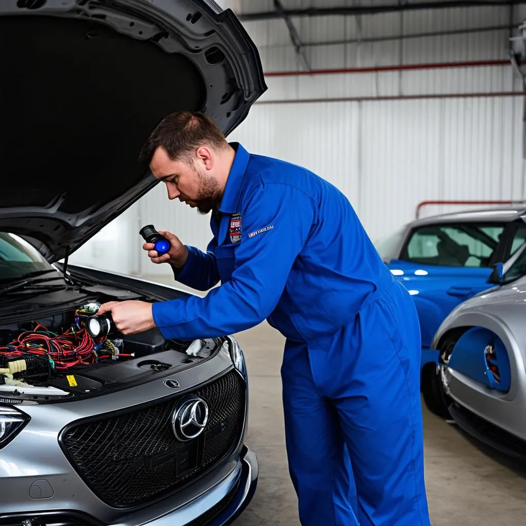 A car mechanic is inspecting the wiring harness under the dashboard of a car