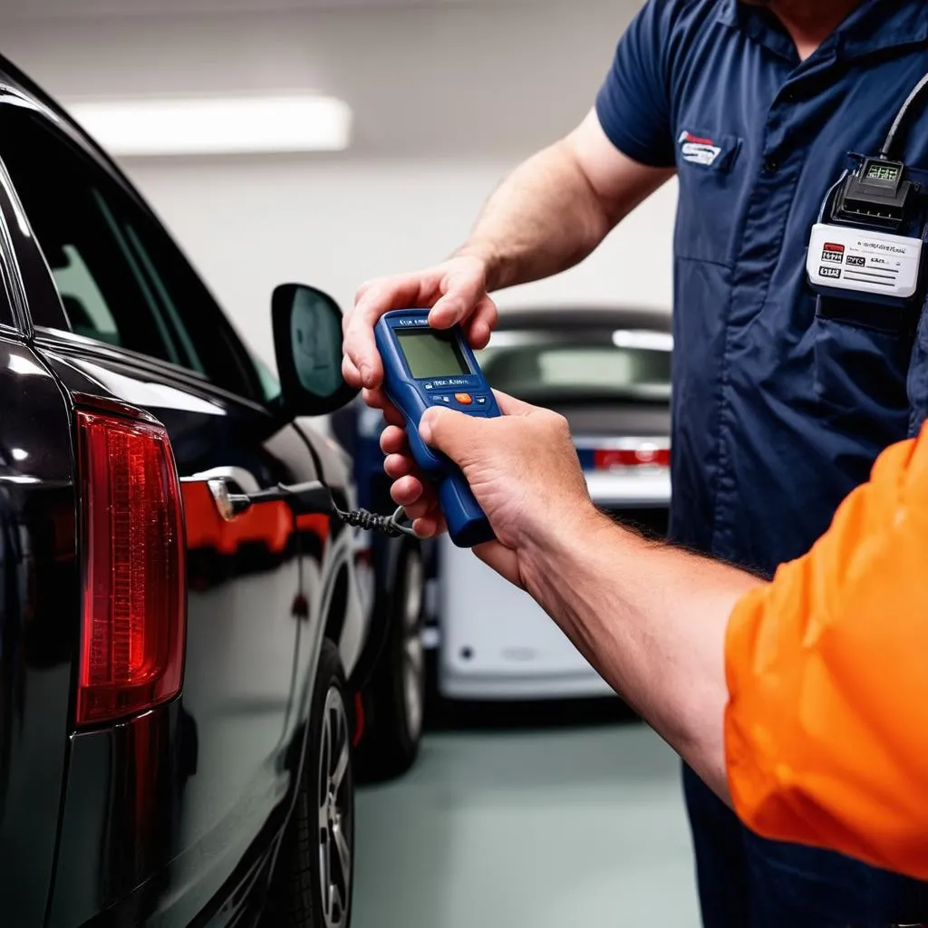 Mechanic using a diagnostic scanner on a car