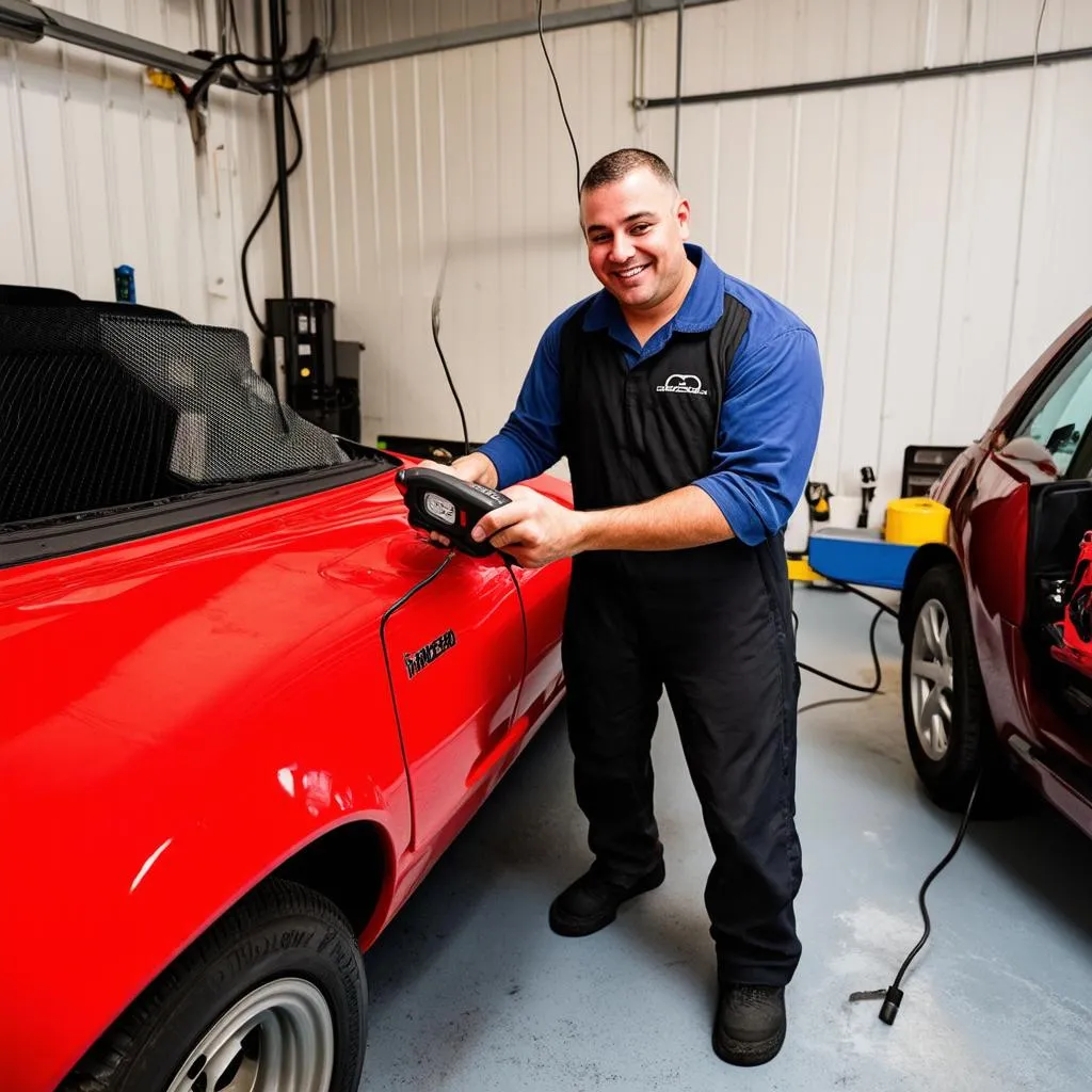 Mechanic using an OBD Scanner on a 1994 Miata