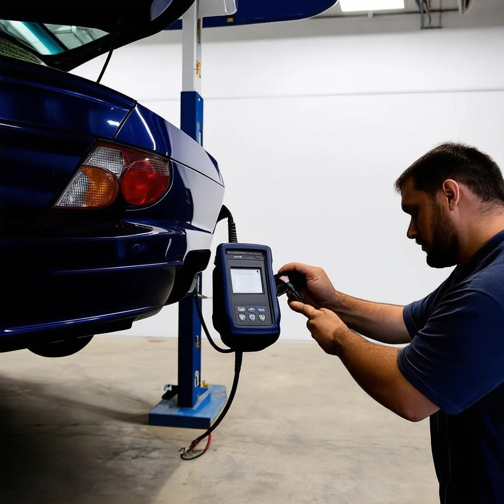 Mechanic Using OBD2 Scanner on a Subaru Impreza