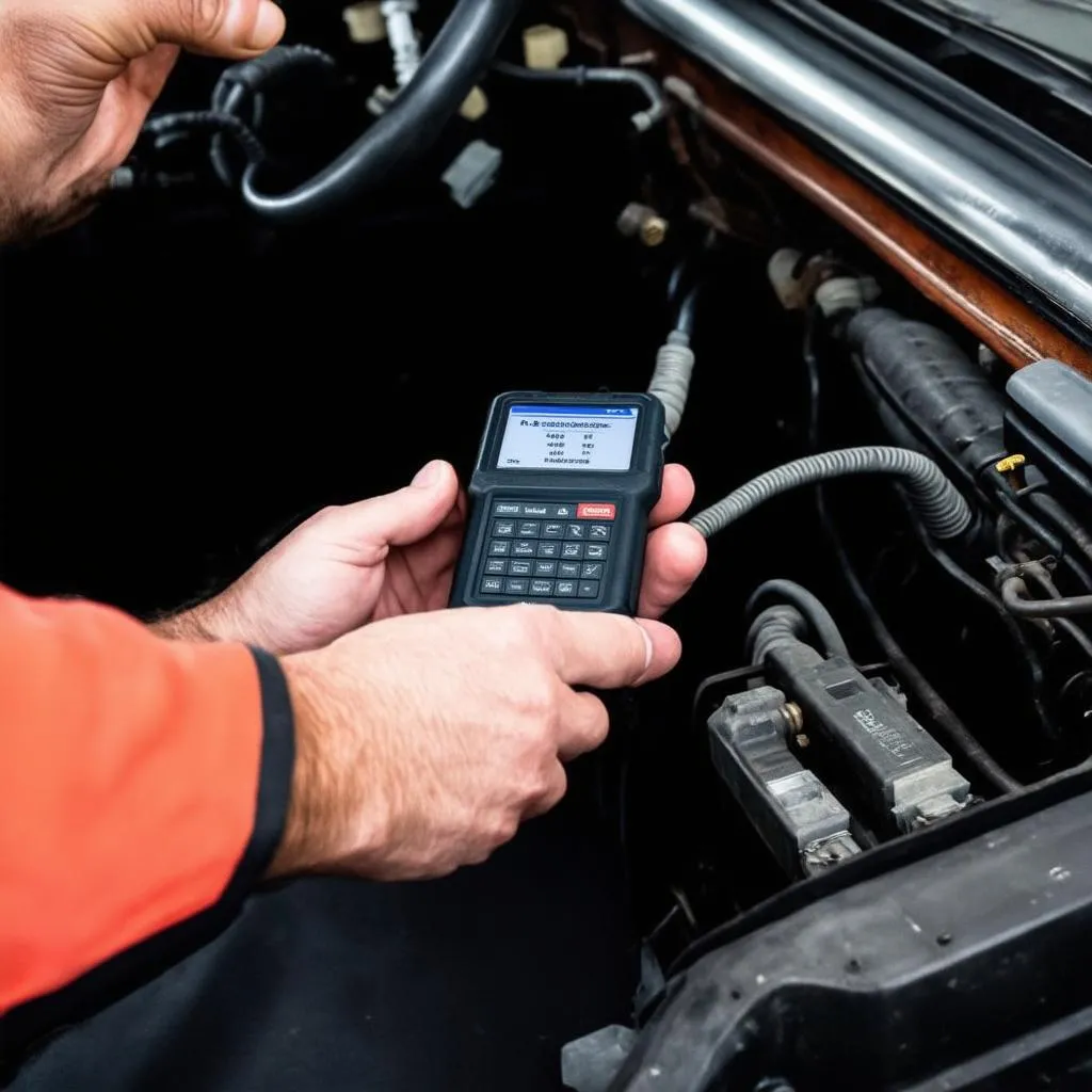 Mechanic using scanner on 1995 Mercedes-Benz S500