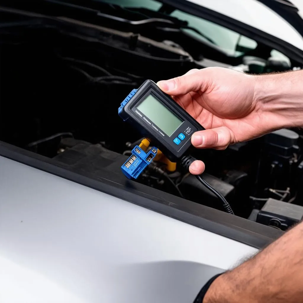 Mechanic connecting a diagnostic scanner to the OBD-II port of a Lexus GX470