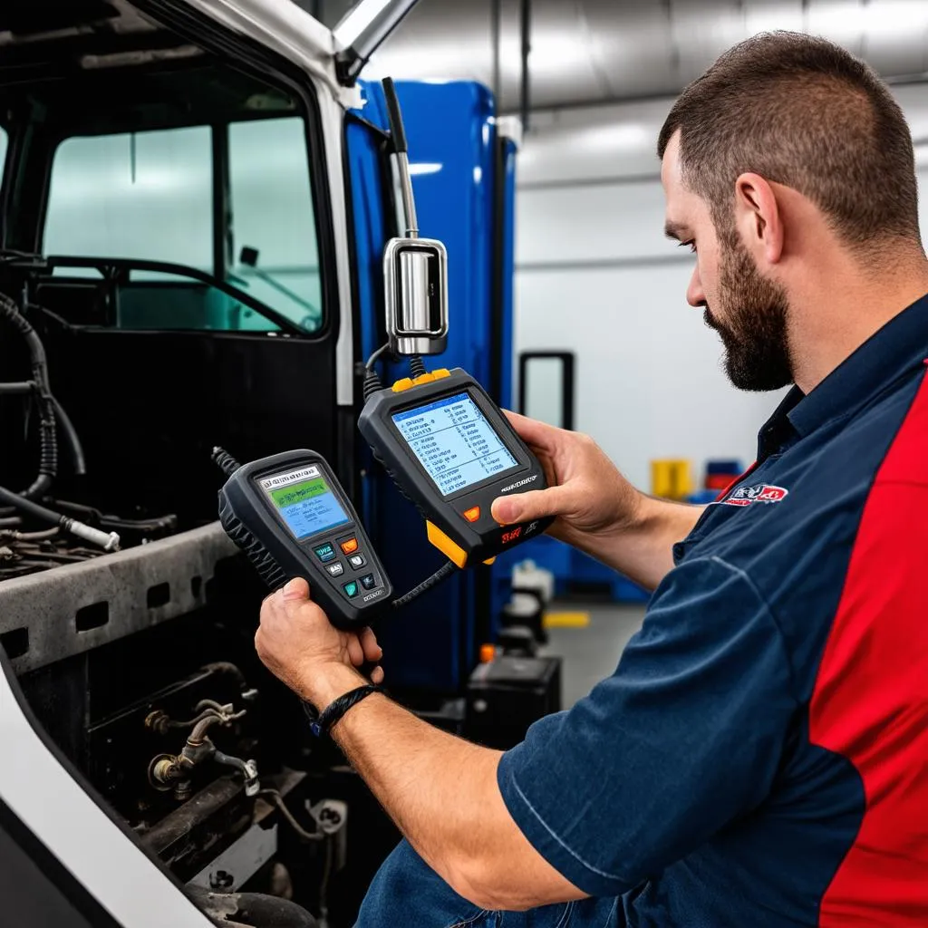 Mechanic Connecting Scanner to Kenworth