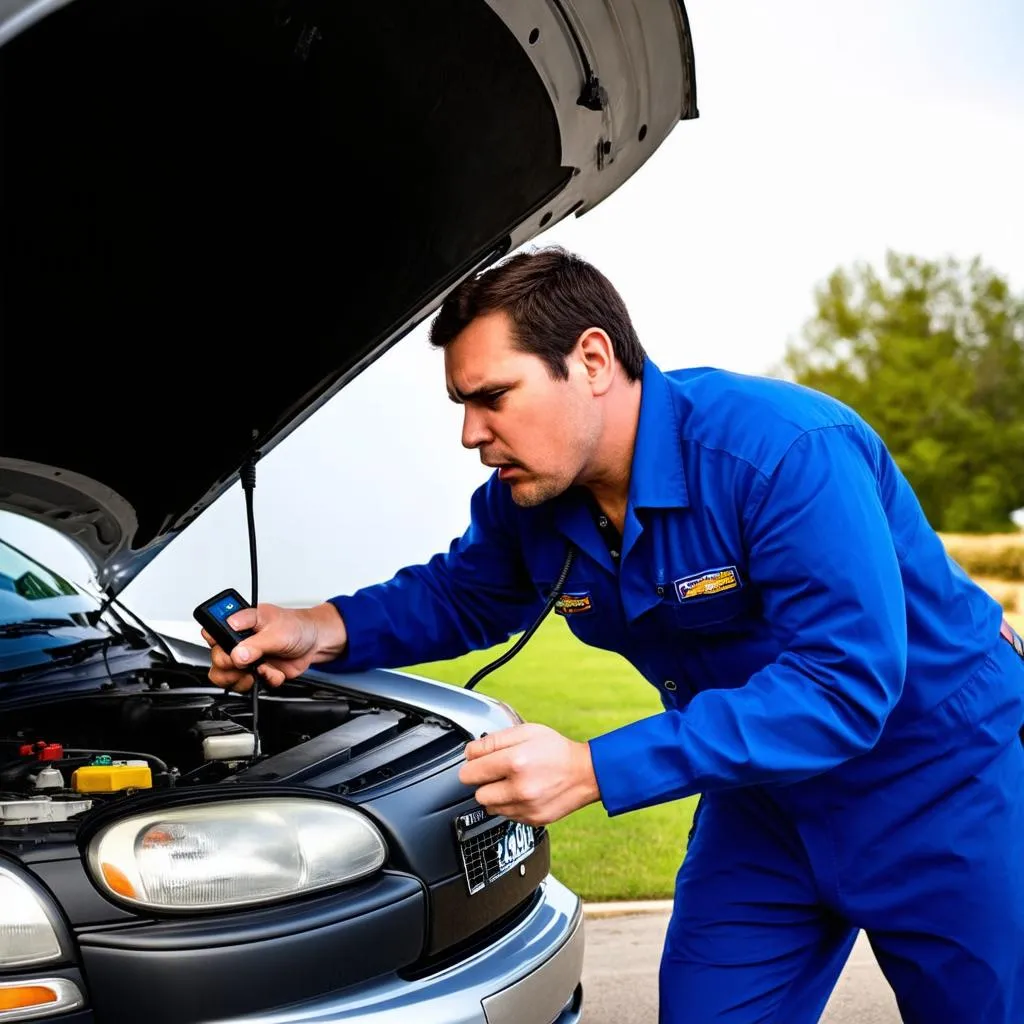 Mechanic Diagnosing Car with Scanner