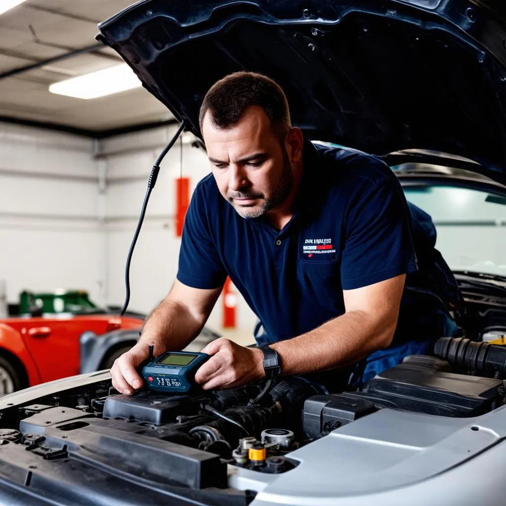 Mechanic diagnosing car problem