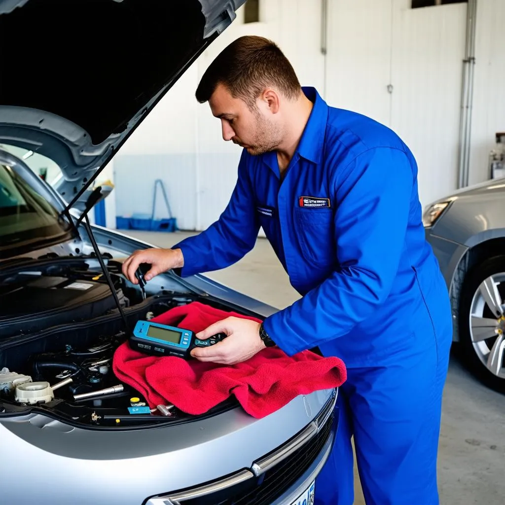 A mechanic inspecting a car's engine with a diagnostic tool plugged in