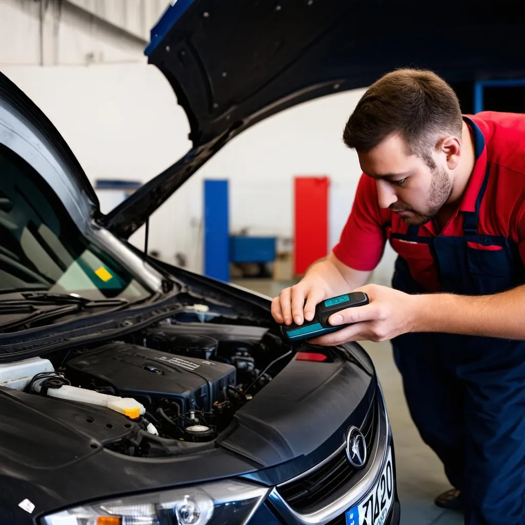 Mechanic Diagnosing a Car Using a Dealer Scanner