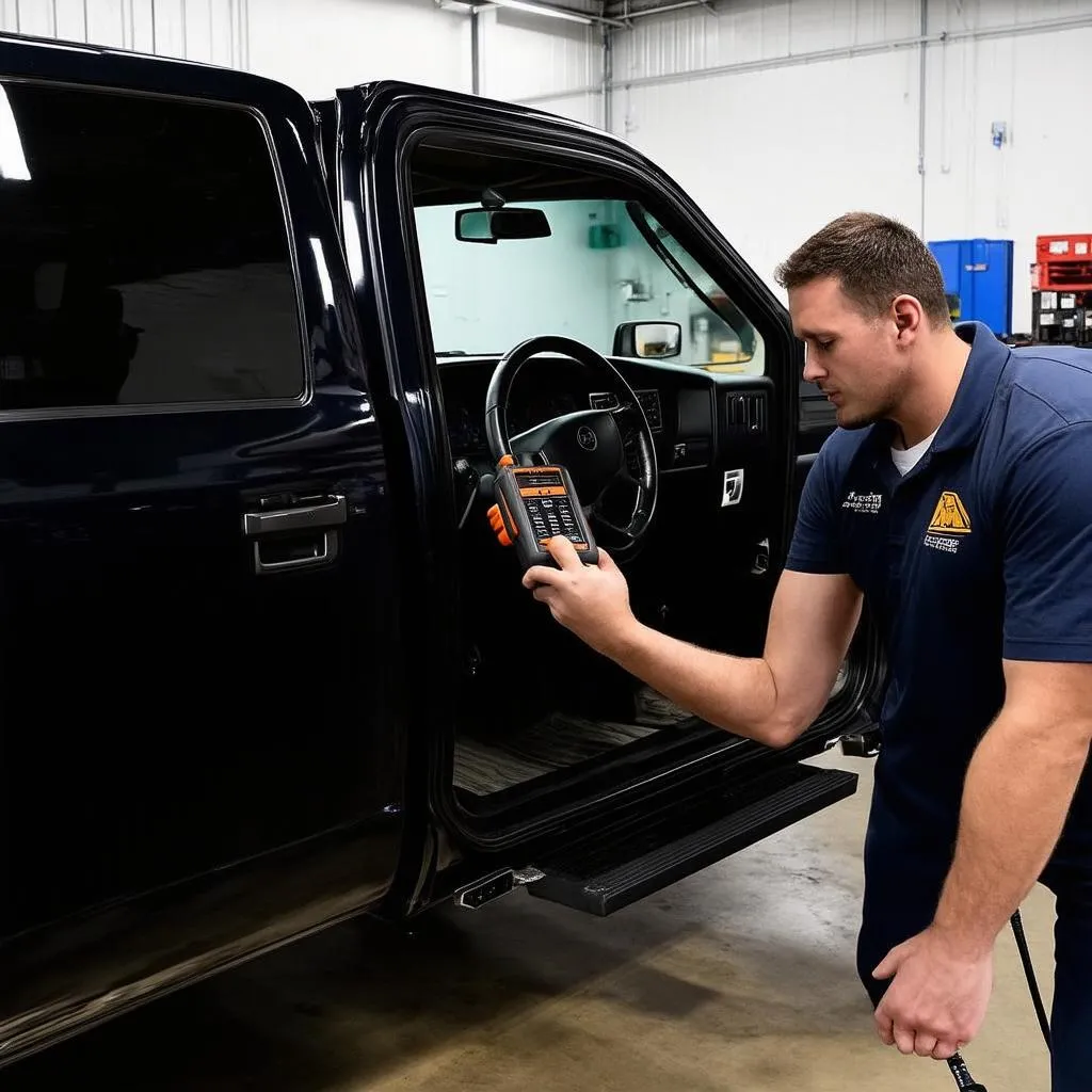 Mechanic diagnosing car