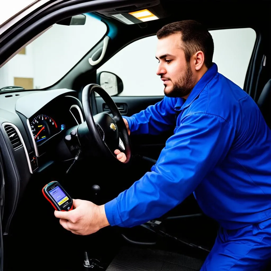 Mechanic diagnosing car