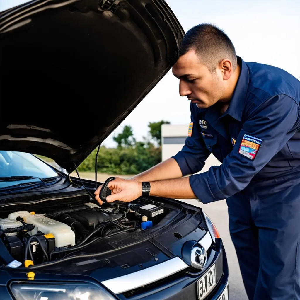 Mechanic diagnosing a car using a scanner