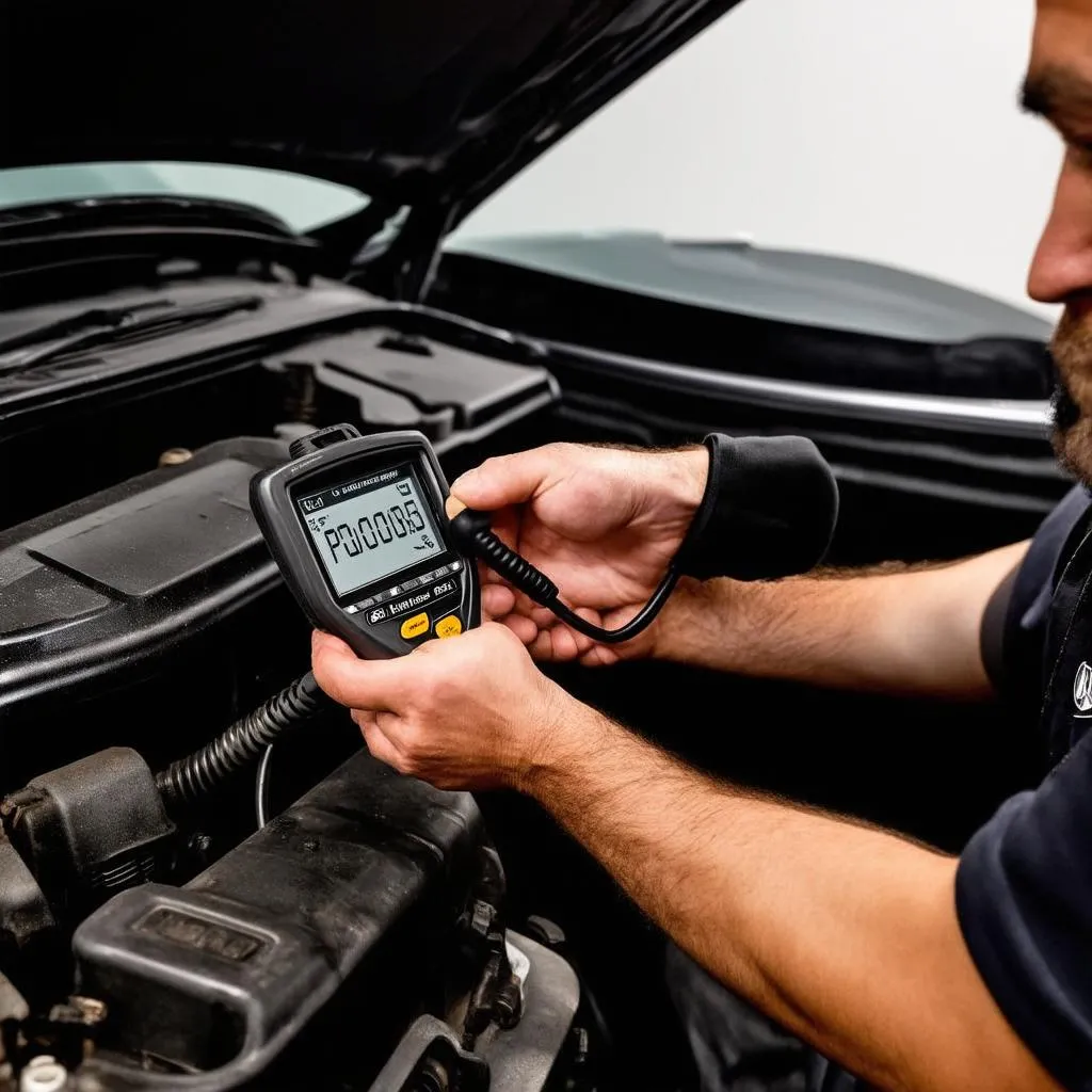 Mechanic using a diagnostic scanner on a Mercedes-Benz ML350