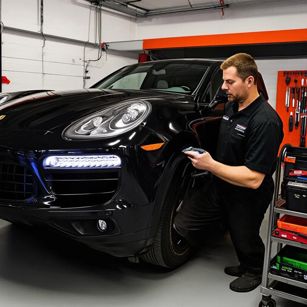 Mechanic Diagnosing Porsche Cayenne