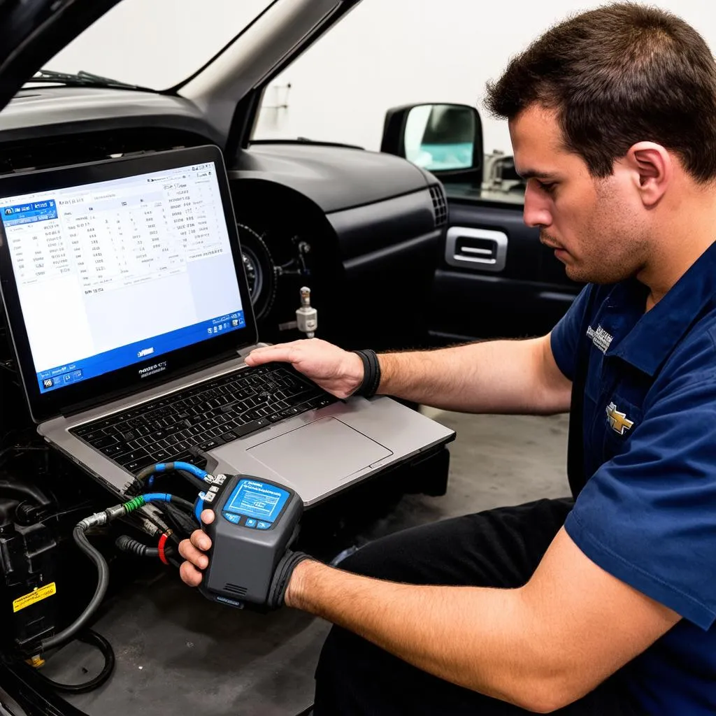 Mechanic diagnosing a 2003 Chevy Trailblazer