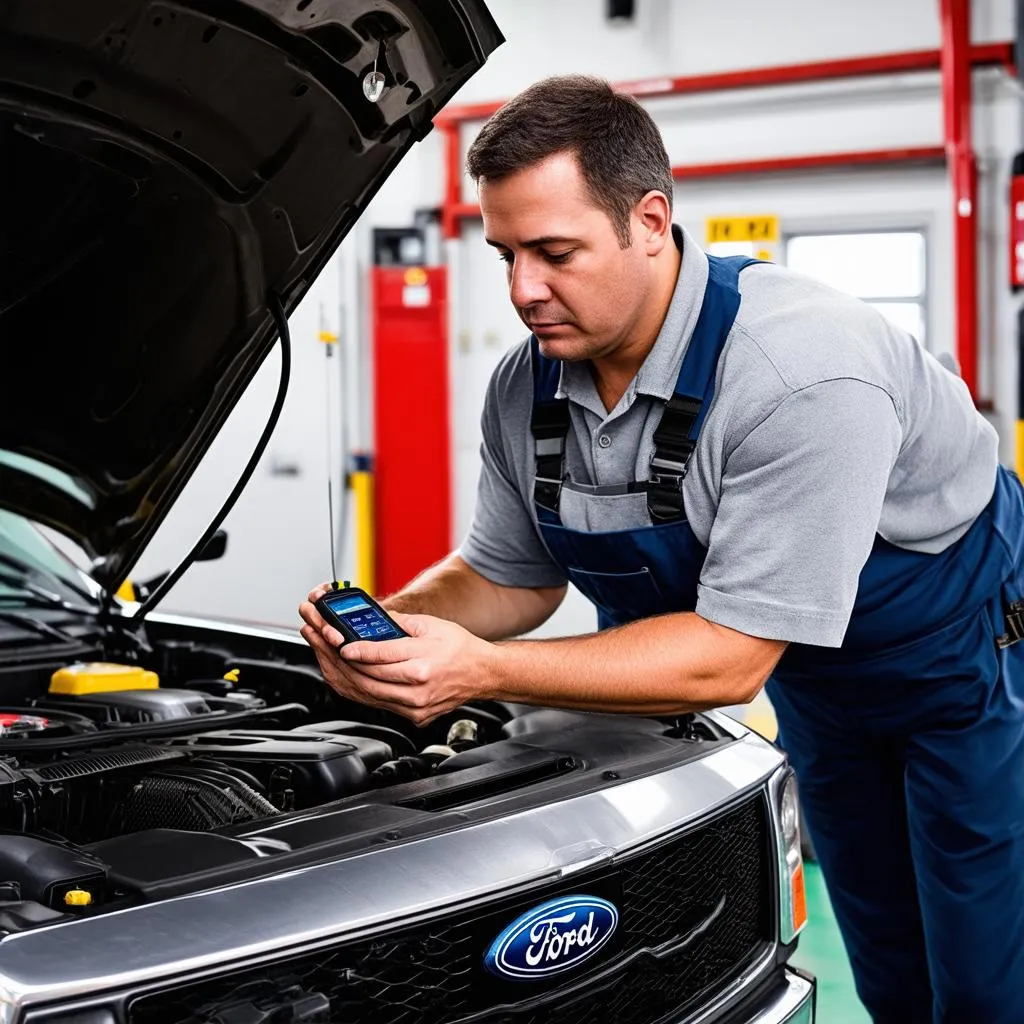 Mechanic using a diagnostic tool on a Ford Super Duty