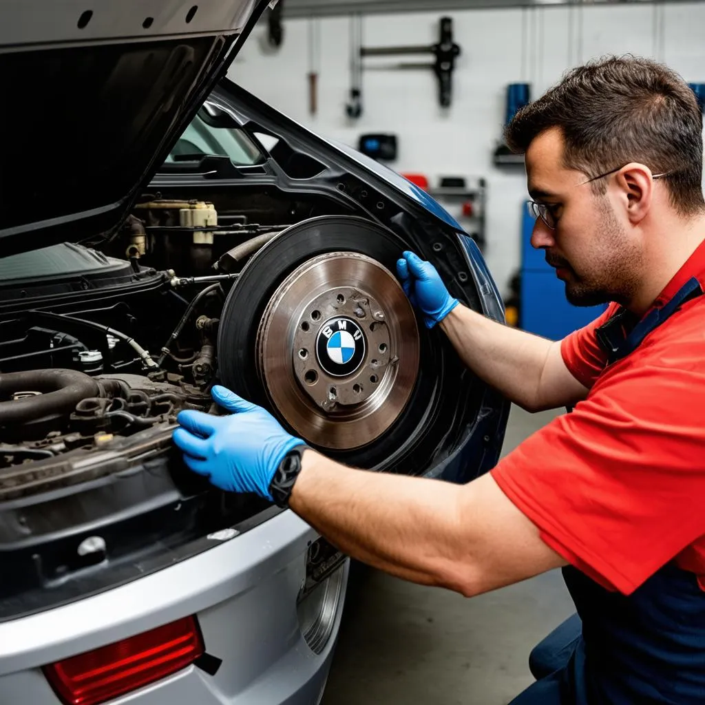 Mechanic Inspecting BMW Brakes